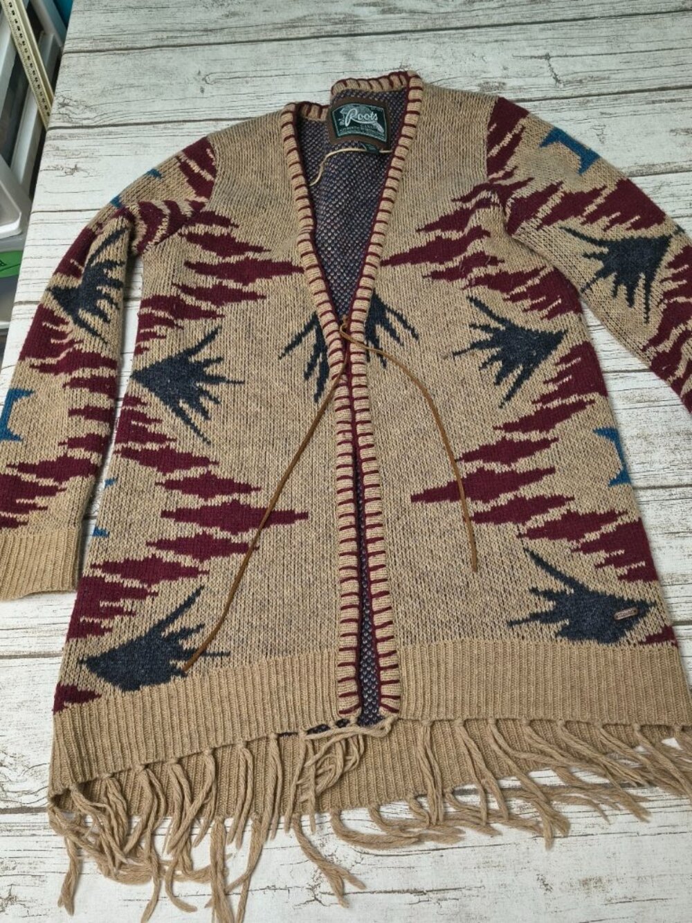 Roots Canada Southwestern Fringe Cardigan Sweater Wool Blend Open Front Tie Smal
